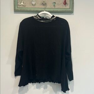Eileen Fisher Knit Mock zebra neck  Ruffled Women's Top Black one size